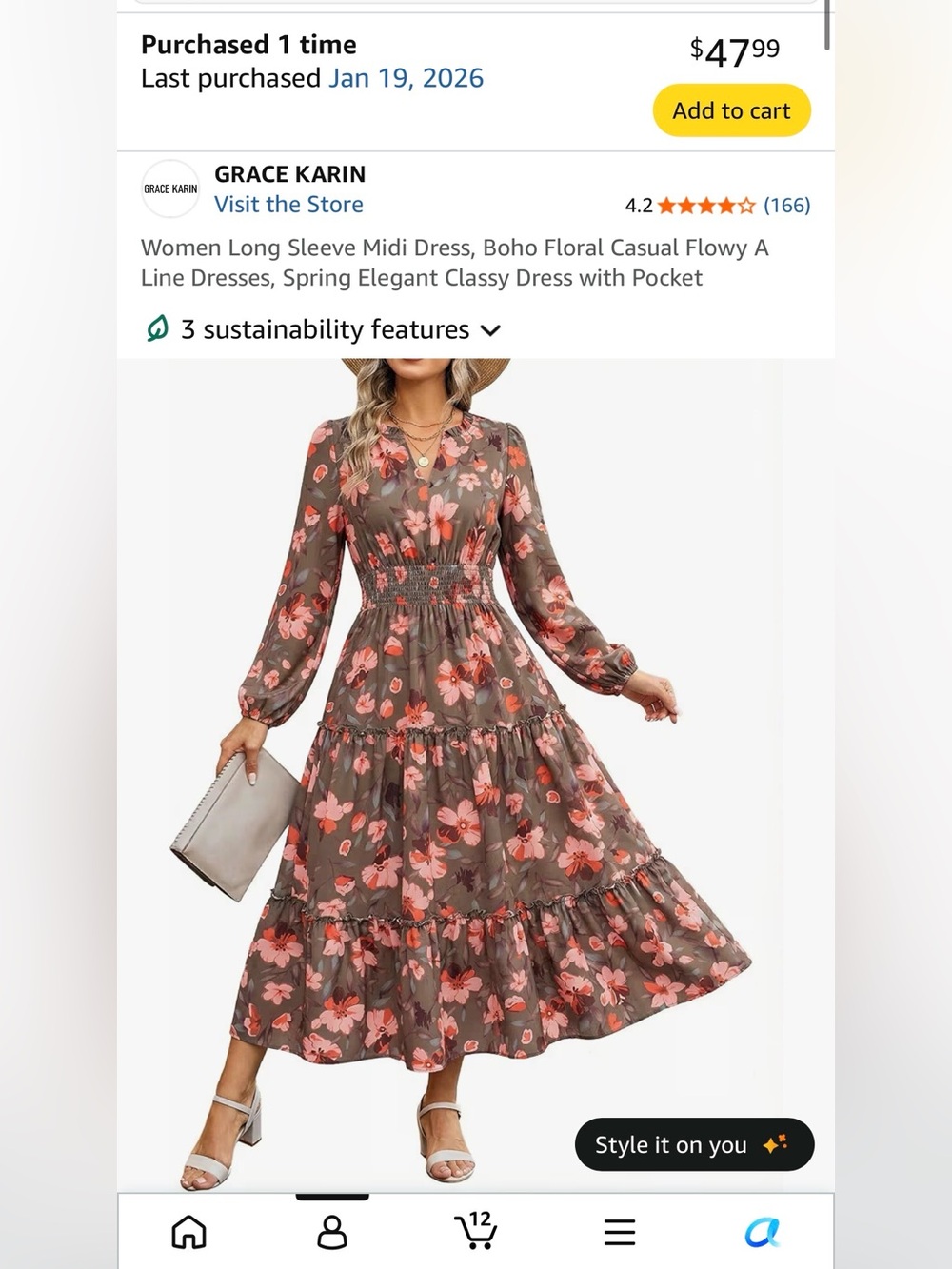 Grace Karin Brown Midi Dress with Pink Floral Print